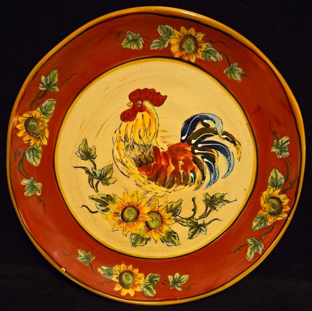 Maxcera Red Rooster Dinner Plate Sunflower Hand Painted Ceramic Farmhouse